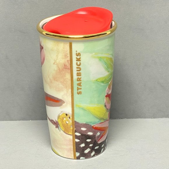 Starbucks 2014 Watercolor Floral 10 oz Ceramic Traveler Tumbler Mug Red Lid - Picture 2 of 12